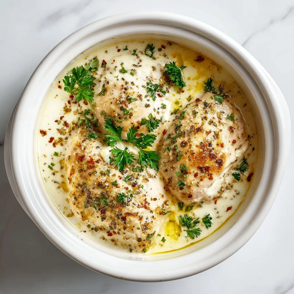 Crock Pot Angel Chicken served with creamy sauce in a bowl