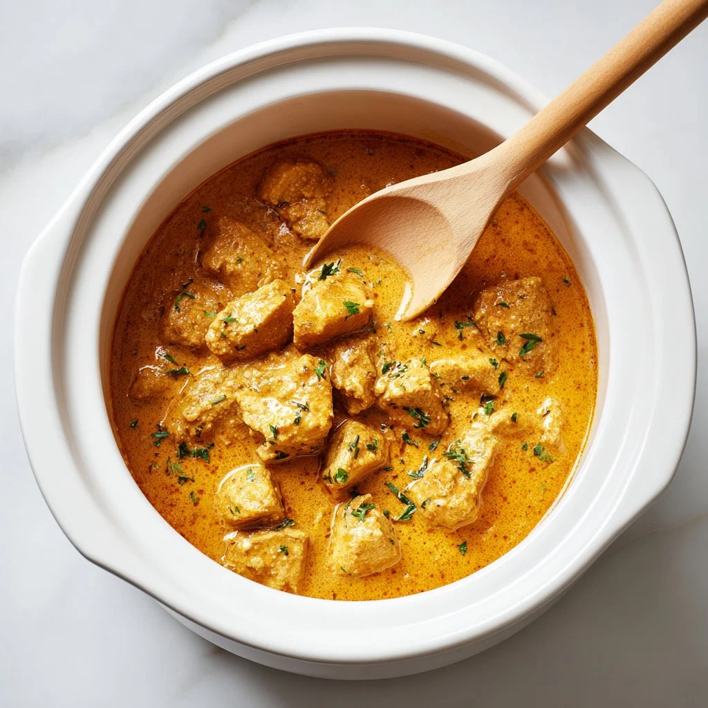 Delicious crockpot butter chicken served with rice and herbs for a family dinner.