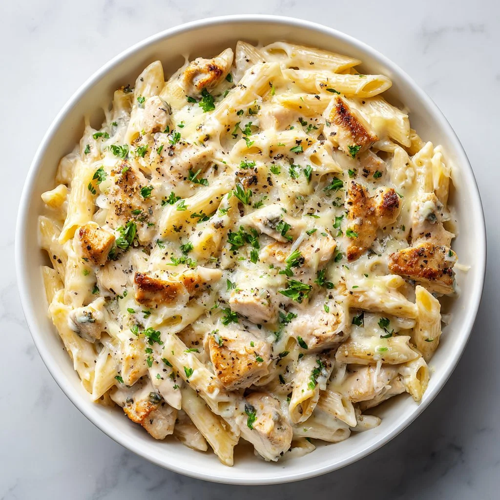 Crockpot creamy chicken pasta dish served in a bowl, ideal comfort meal.