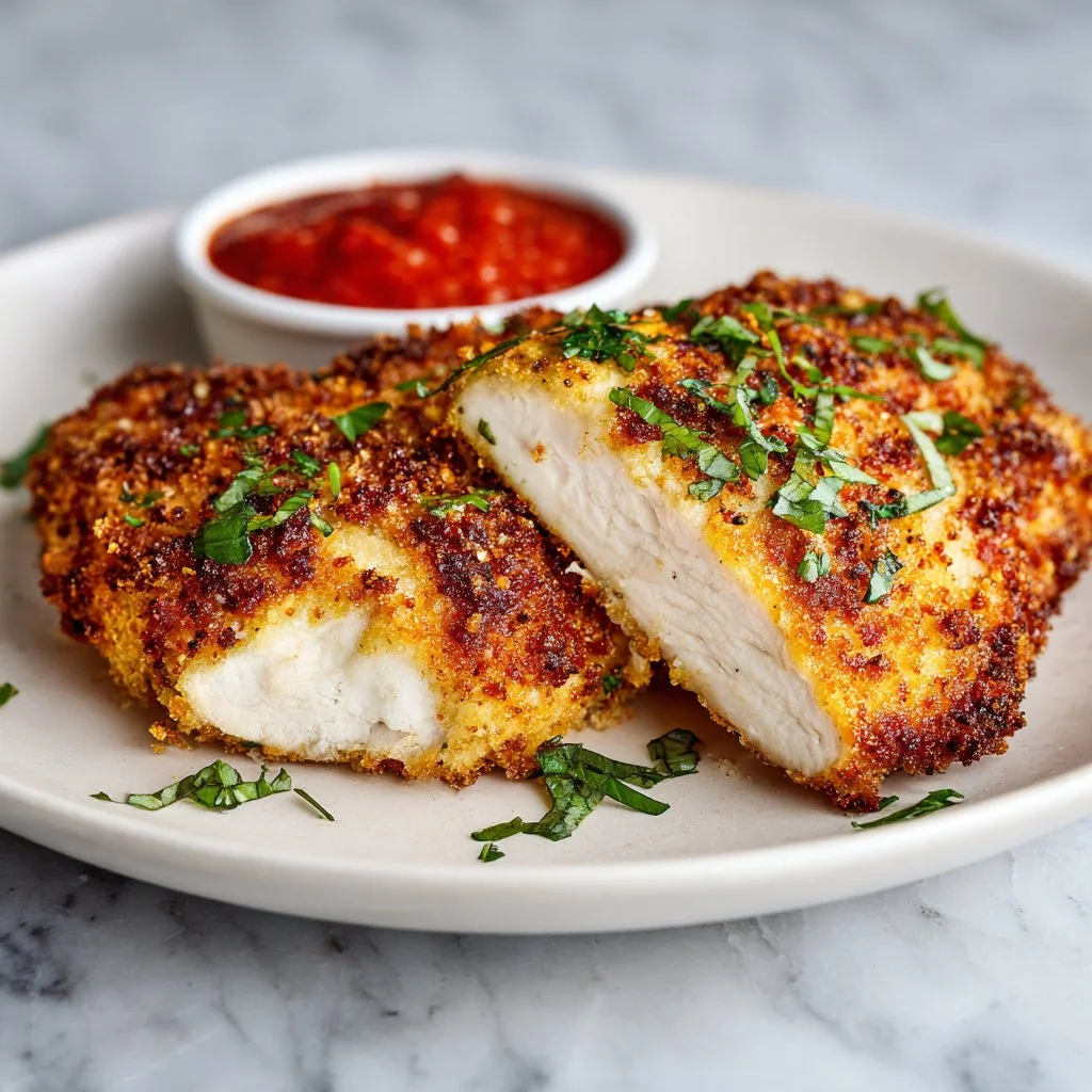 Cheesecake Factory style Crusted Chicken Romano served on a plate