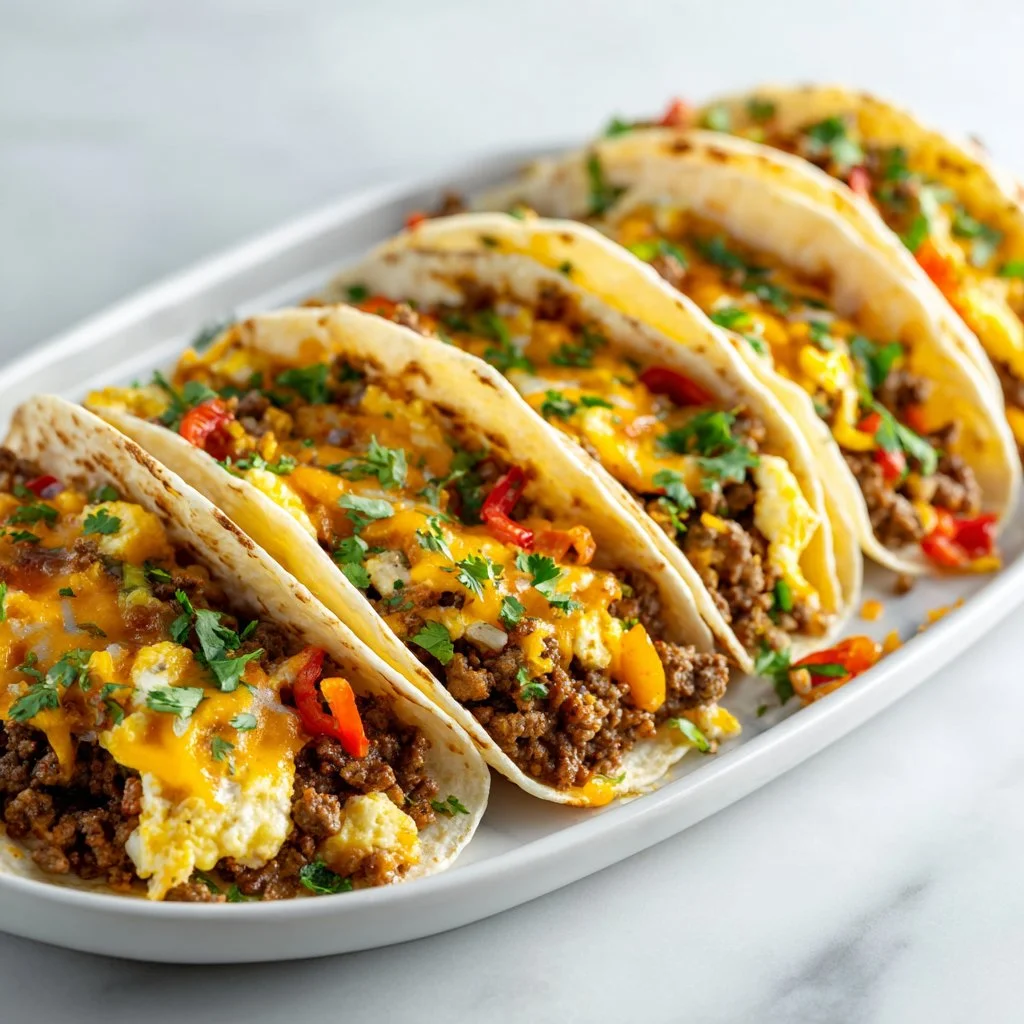 Delicious baked breakfast tacos filled with eggs and toppings