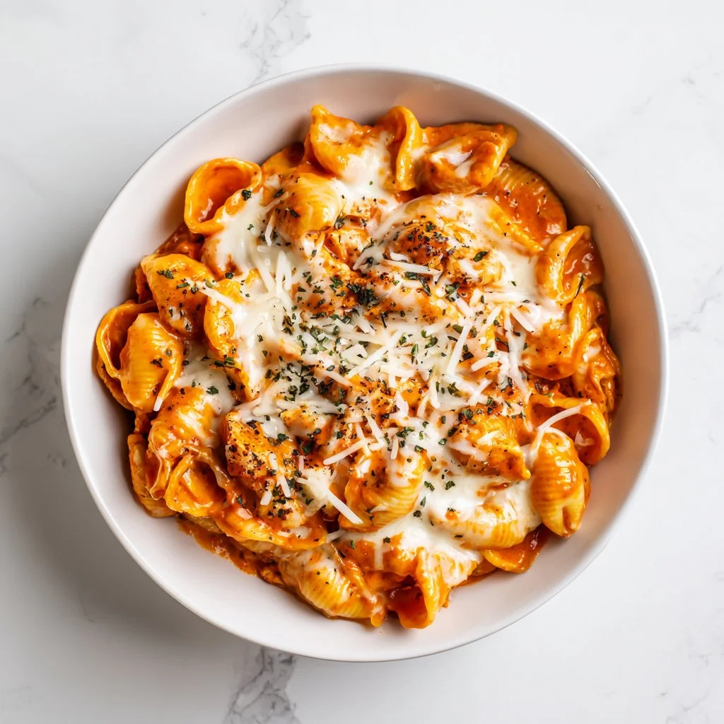 Delicious cheesy chicken pasta bowl topped with melted cheese and herbs