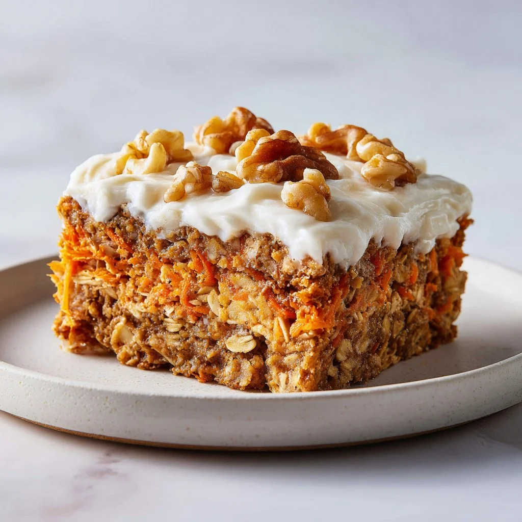 Healthy carrot cake baked oatmeal topped with nuts and spices