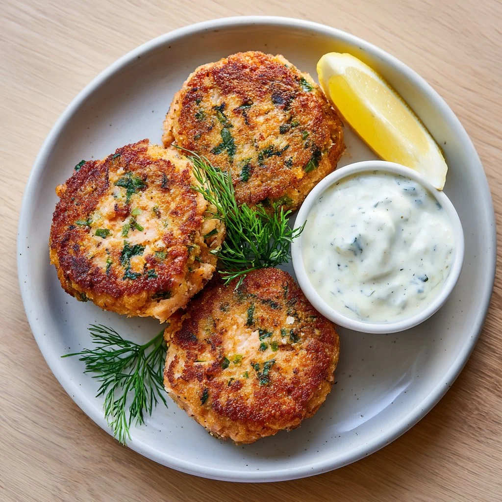 Delicious canned salmon patties on a plate with garnish