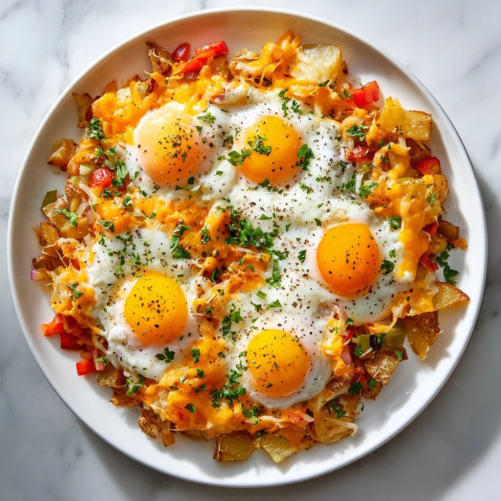 A delicious bowl of easy cheesy potato egg scramble for breakfast