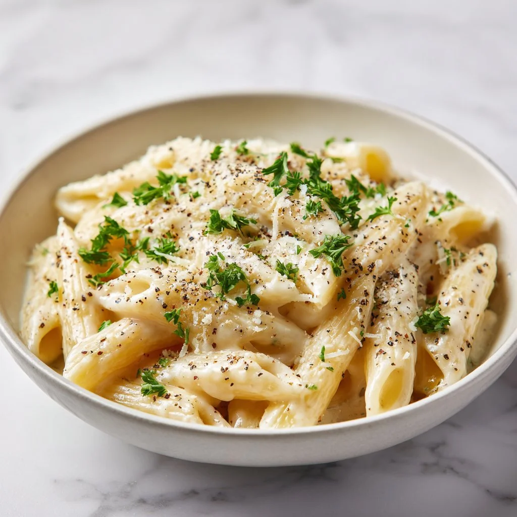 Delicious creamy garlic parmesan pasta served in a bowl with parsley garnish.