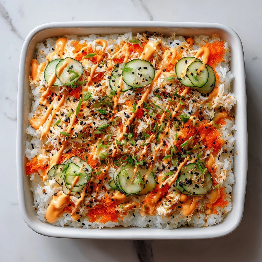 Easy sushi bake topped with creamy spicy sauce, served in a baking dish.