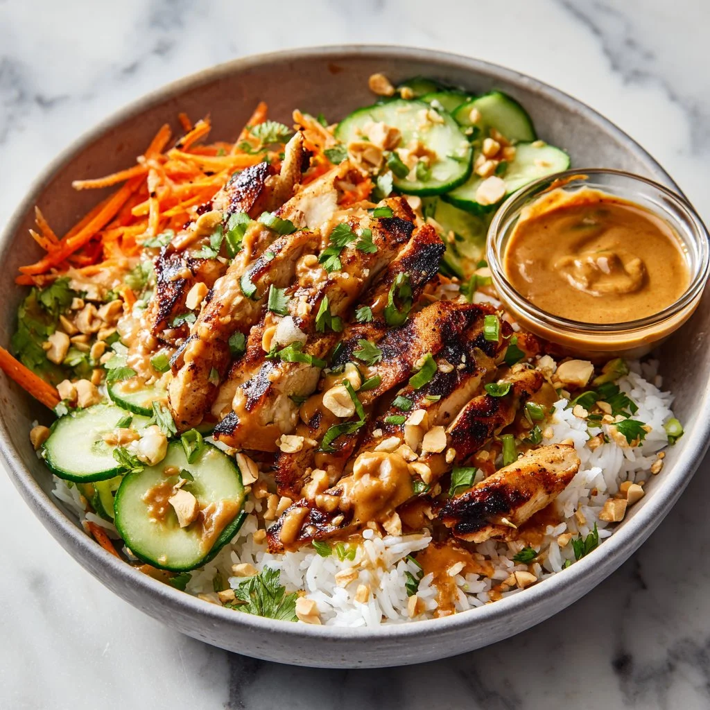Bowl of Easy Thai Peanut Chicken with colorful veggies and rice
