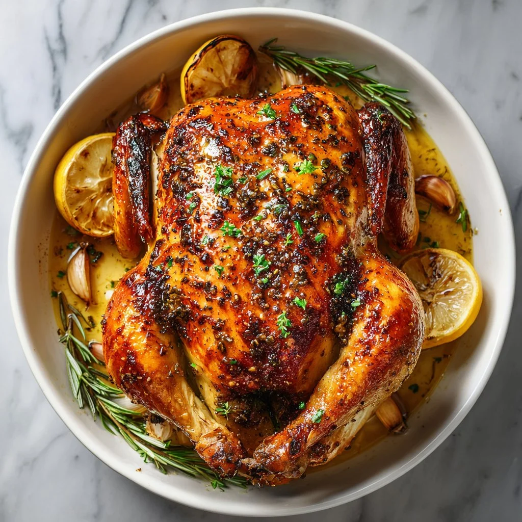 Juicy and flavorful whole roasted chicken on a platter