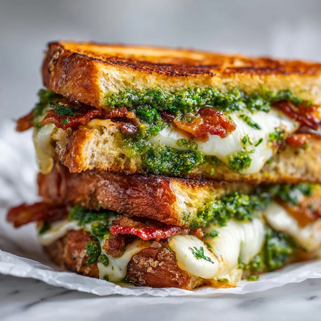 Extra crispy pesto grilled cheese sandwich with melted cheese and vibrant pesto