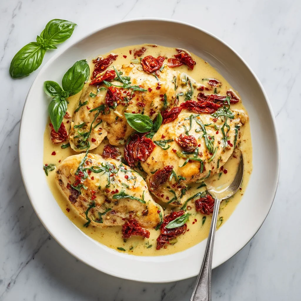 Creamy Marry Me Chicken served on a plate, garnished with herbs.