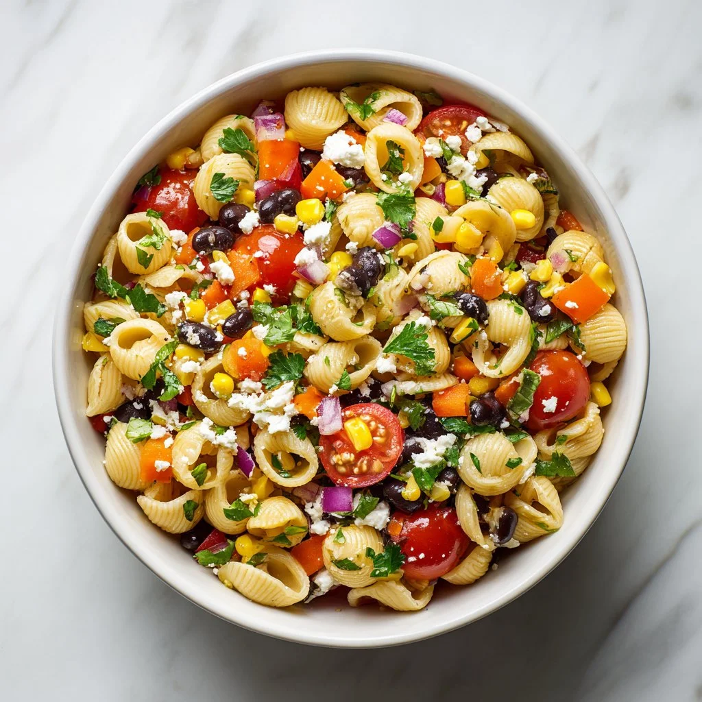 Delicious Cowboy Caviar Pasta Salad Bowl with vibrant ingredients and flavors