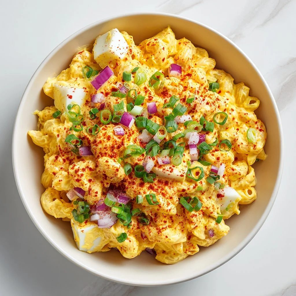 Delicious deviled eggs pasta salad in a bowl, garnished with parsley.
