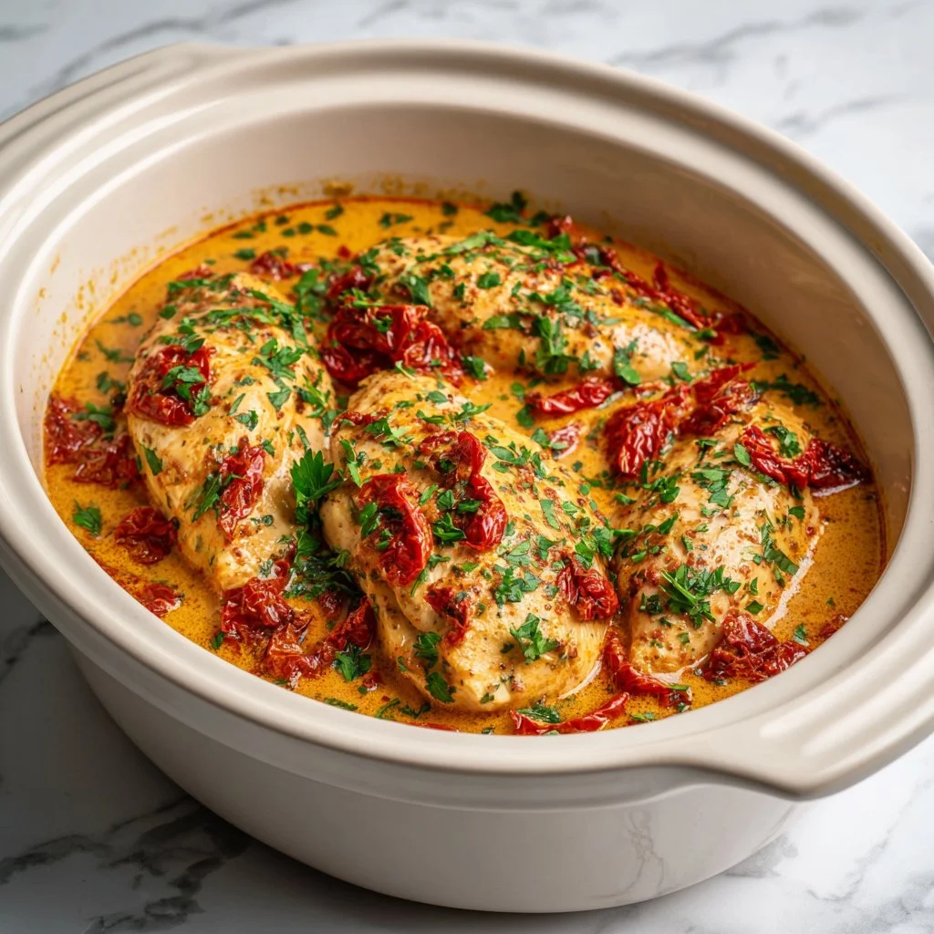Delicious Crockpot Marry Me Chicken served in a bowl with fresh herbs.