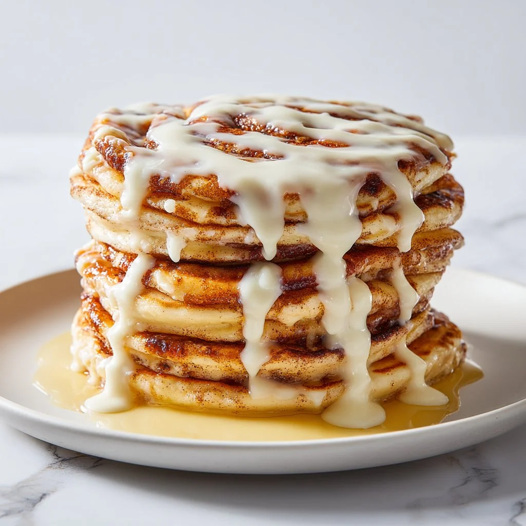 Fluffy homemade cinnamon roll pancakes with delicious icing drizzled on top.