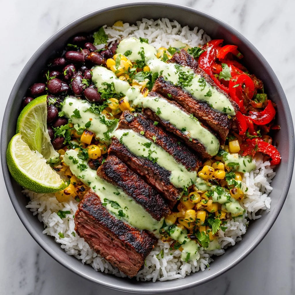 Delicious cilantro lime steak bowls served in a colorful, fresh arrangement