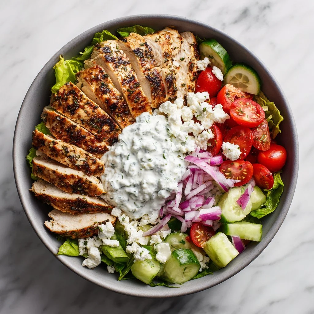 Fresh Greek chicken bowls topped with tzatziki sauce and fresh vegetables