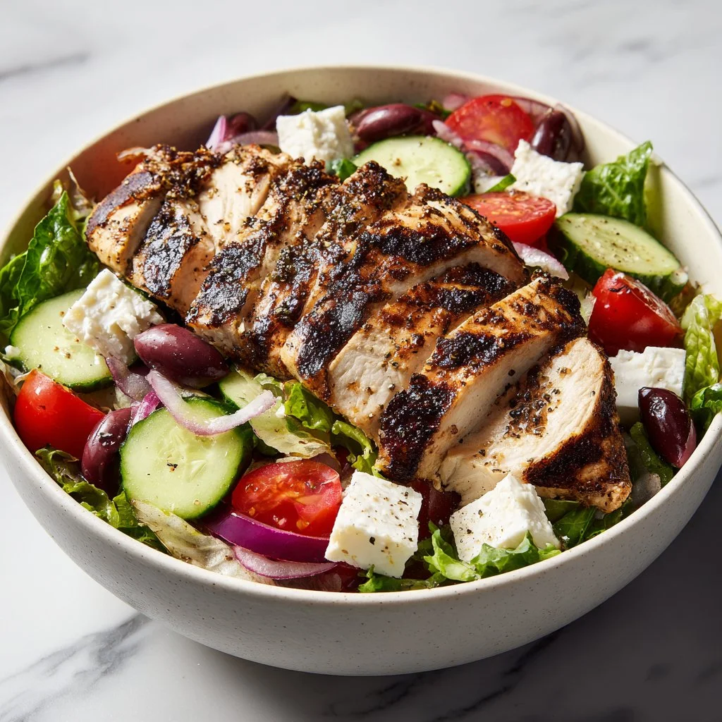 Fresh Greek salad topped with grilled chicken and colorful vegetables