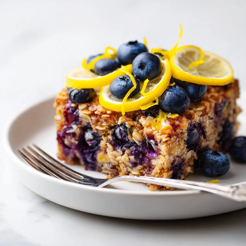 Fresh lemon blueberry baked oatmeal in a serving dish