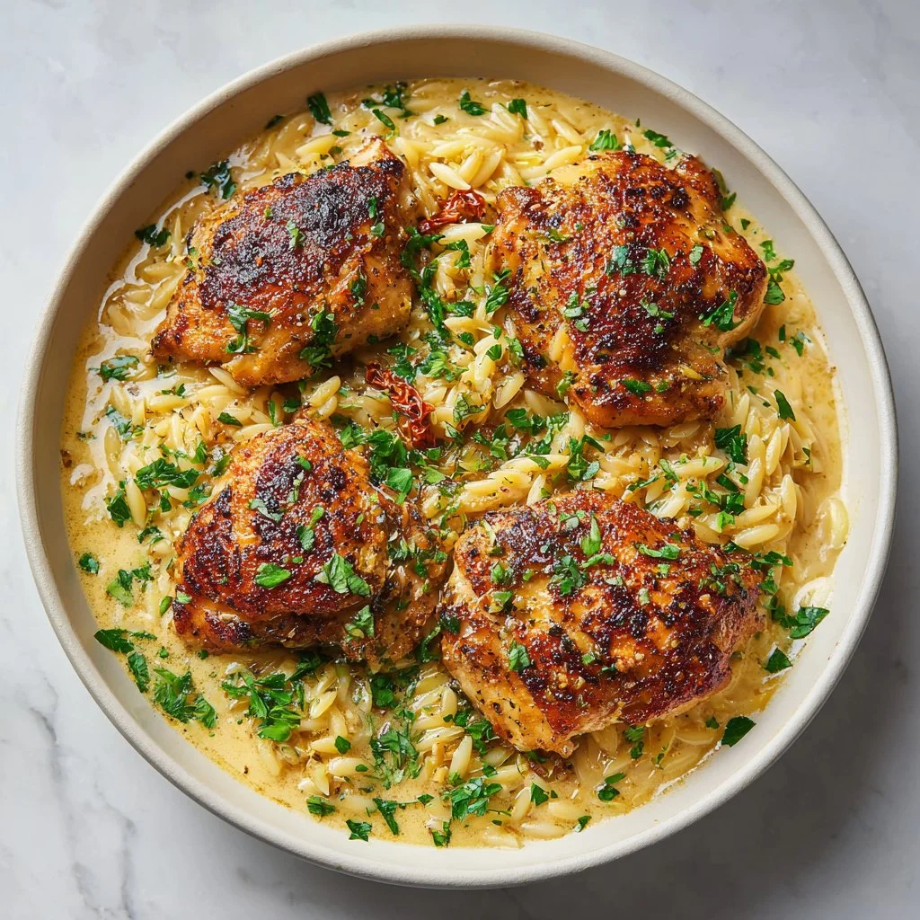 Delicious Garlic Butter Chicken Thighs served with creamy orzo on a plate
