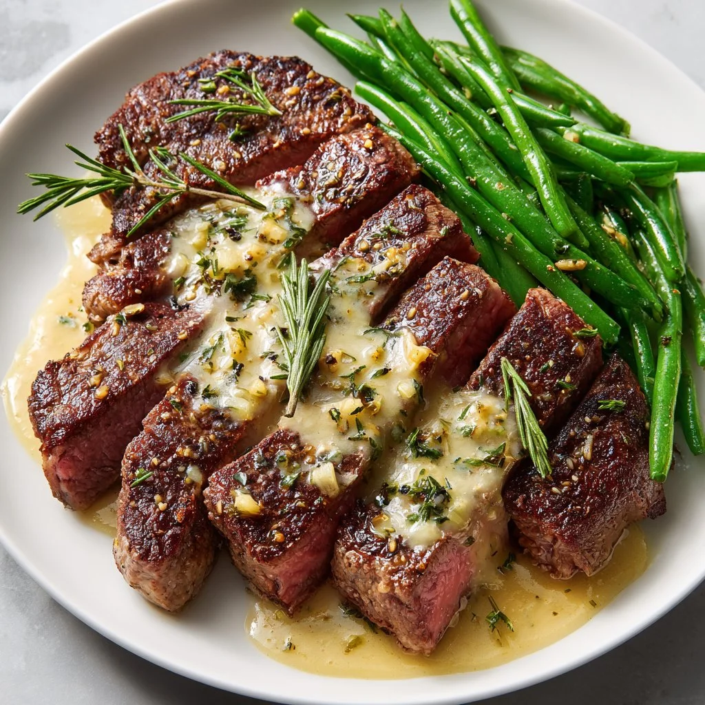 Delicious Garlic Butter Steak with Creamy Parmesan Sauce served on a plate.