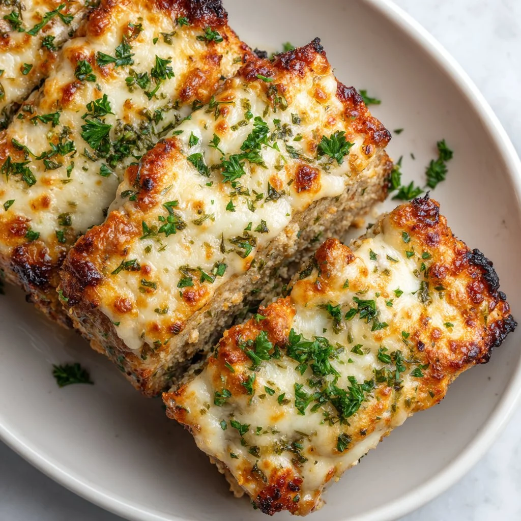 Delicious Garlic Parmesan Chicken Meatloaf served with sides for dinner.