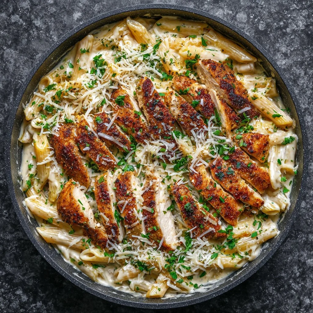 Creamy Garlic Parmesan Chicken Pasta with herbs and cheese on a plate