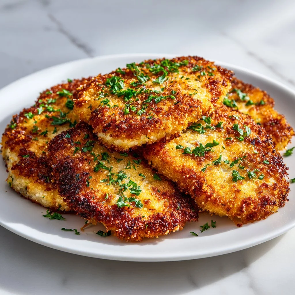 Crispy Garlic Parmesan Chicken served on a plate garnished with herbs.