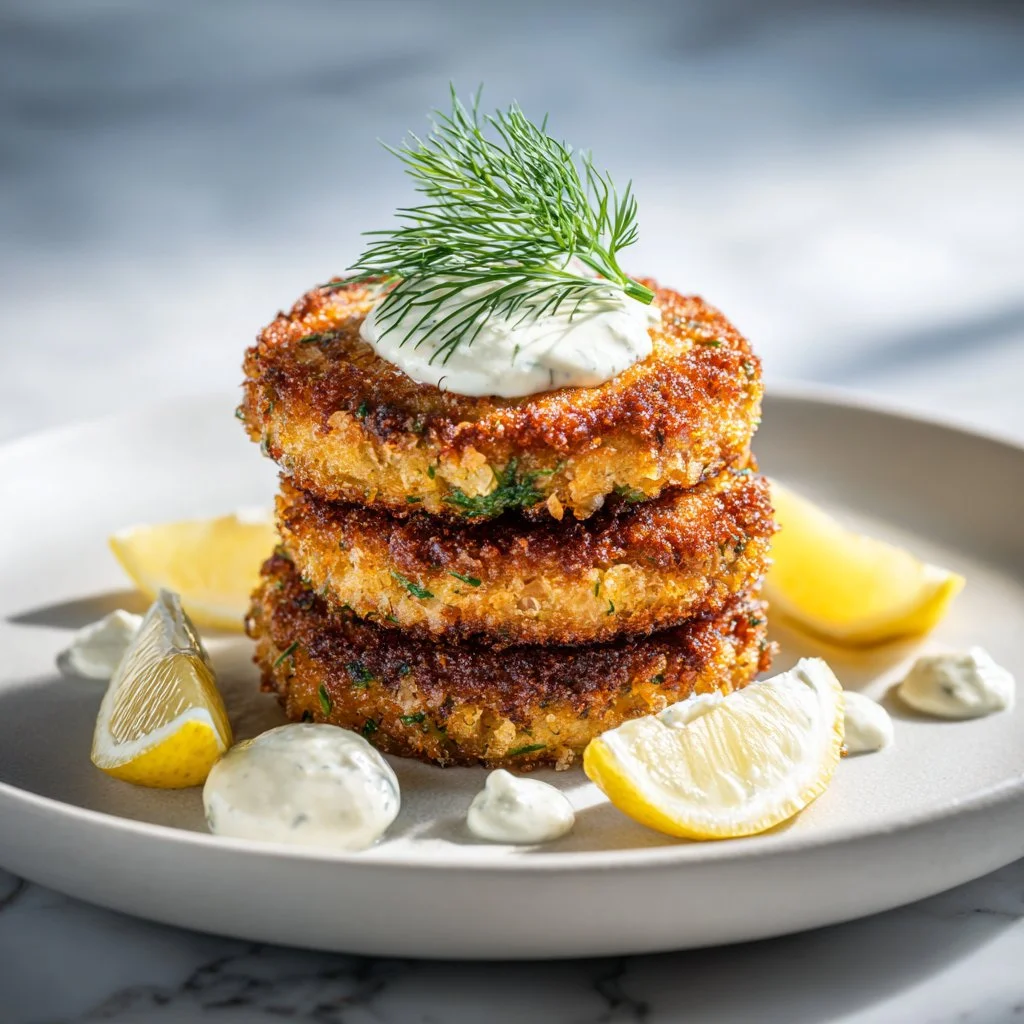 Golden crispy salmon cakes with big flavor served on a plate