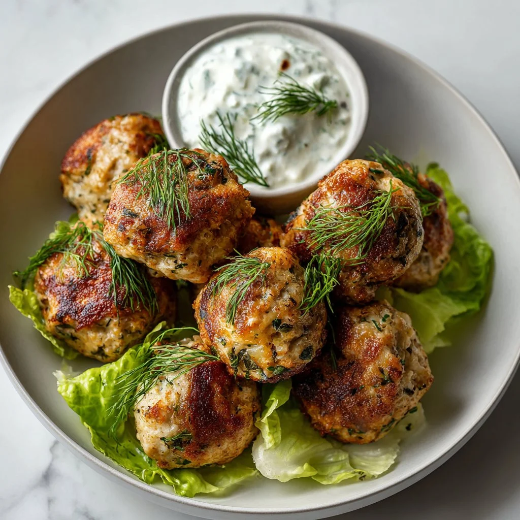 Greek Turkey Meatballs served with Tzatziki Sauce on a plate