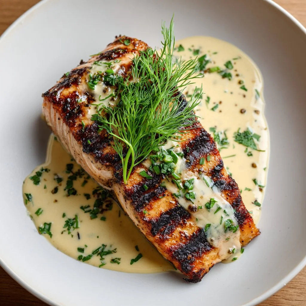 Grilled salmon fillet with creamy Dijon sauce drizzled on top