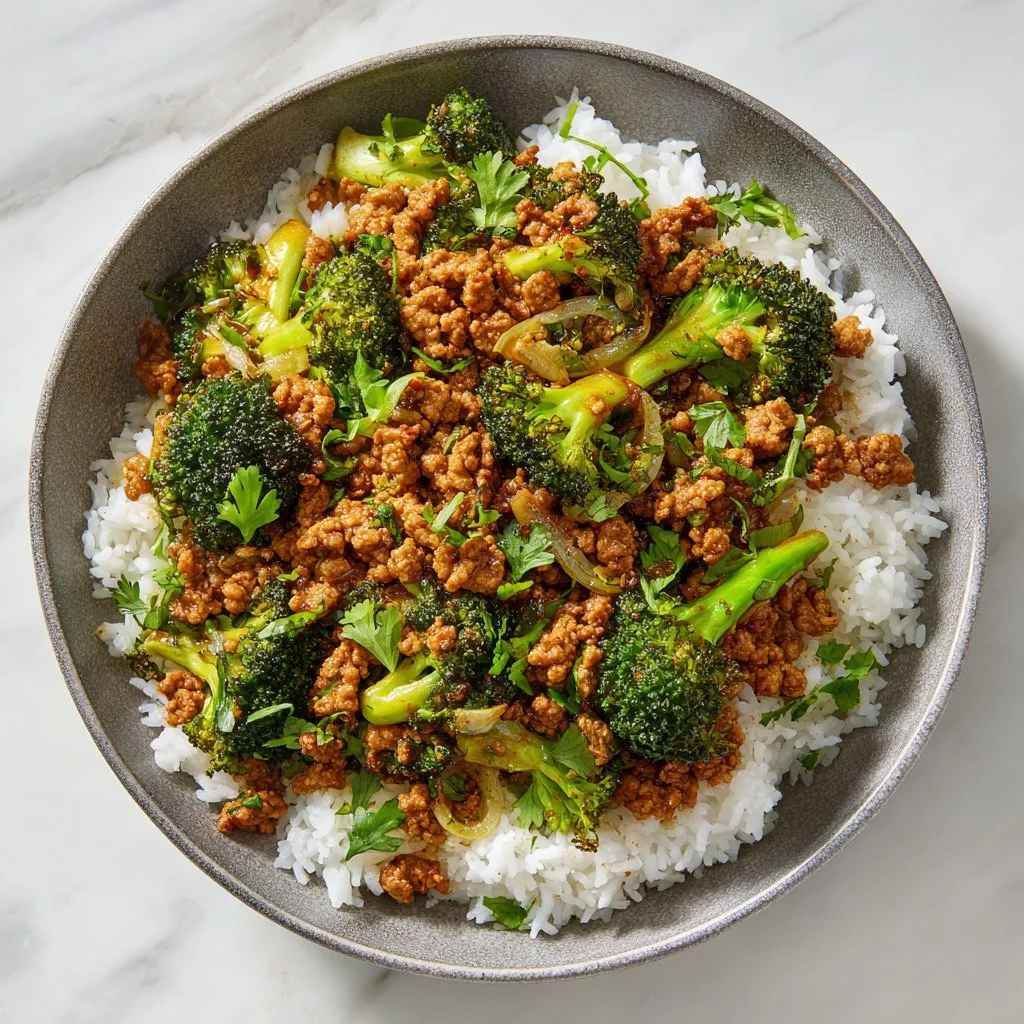 Ground chicken and broccoli stir fry dish served in a bowl