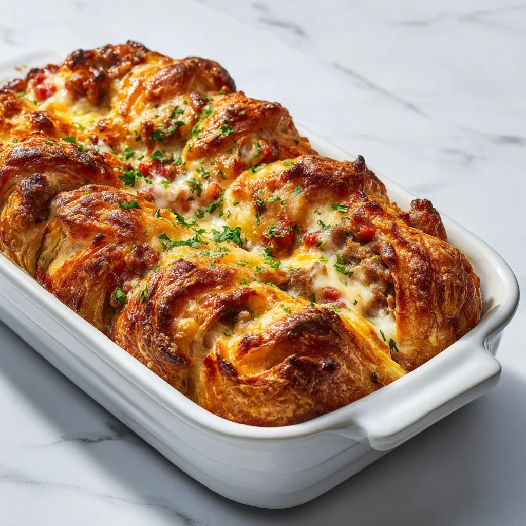 Ham and cheese croissant breakfast bake in a casserole dish