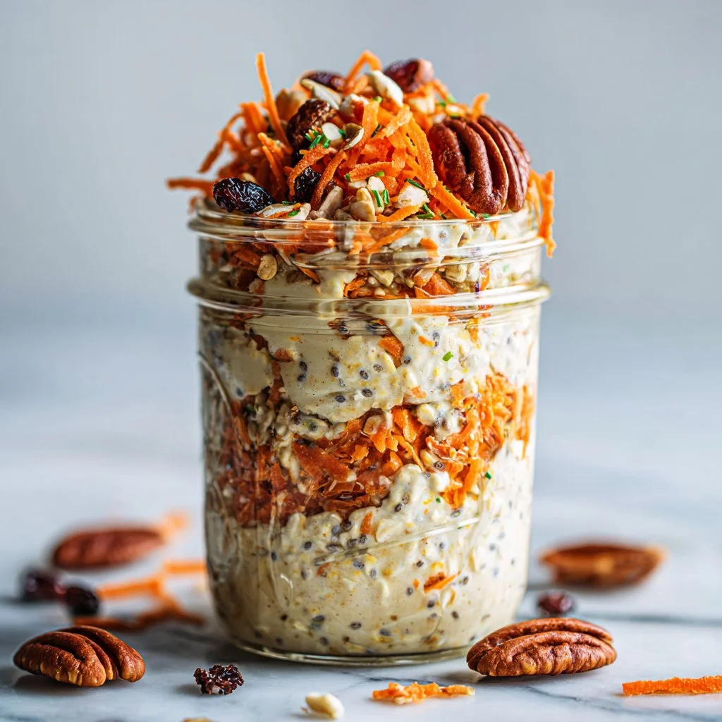 Bowl of healthy carrot cake overnight oats topped with nuts and spices