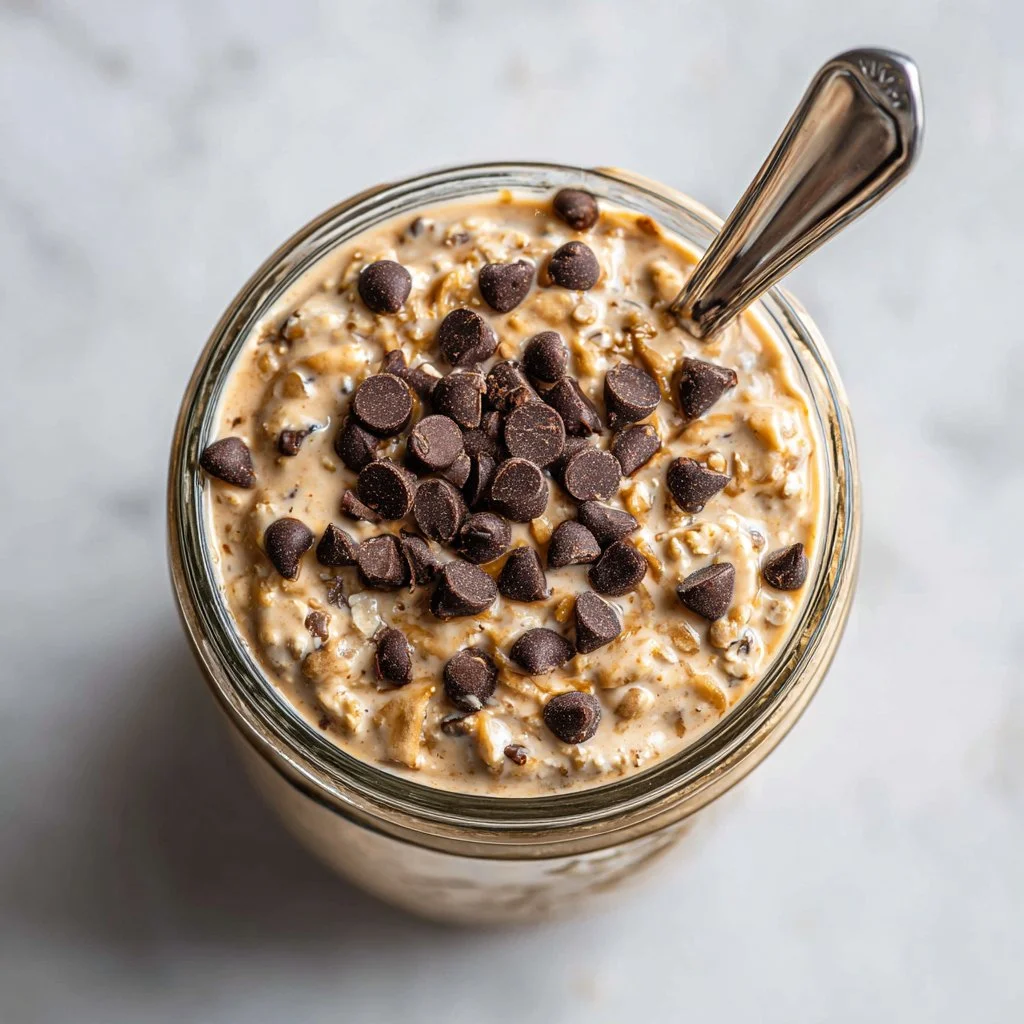 Healthy cookie dough overnight oats in a bowl with toppings