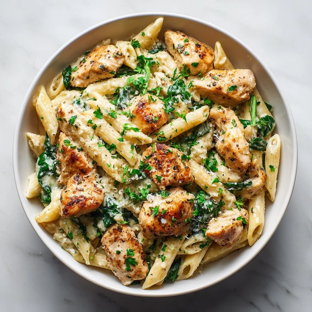 Healthy garlic parmesan chicken pasta served in a bowl with herbs and cheese