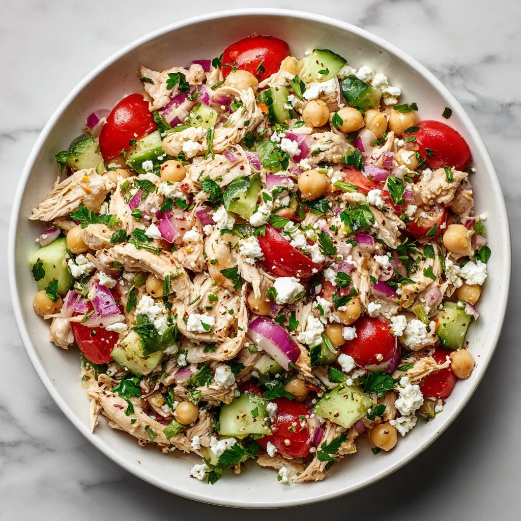 High-protein chicken salad with chickpeas served in a bowl, garnished with greens.