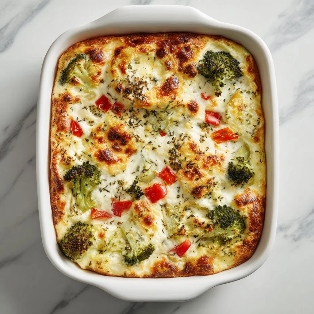 Healthy high-protein cottage cheese veggie bake served in a dish