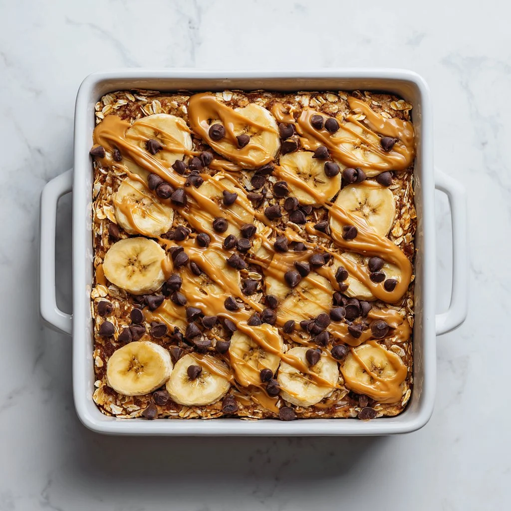 Healthy peanut butter banana oatmeal bake served in a bowl with fruit toppings