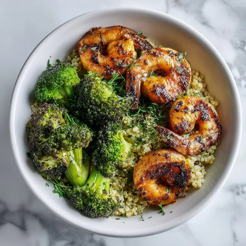 Healthy shrimp quinoa bowl topped with fresh veggies and cilantro