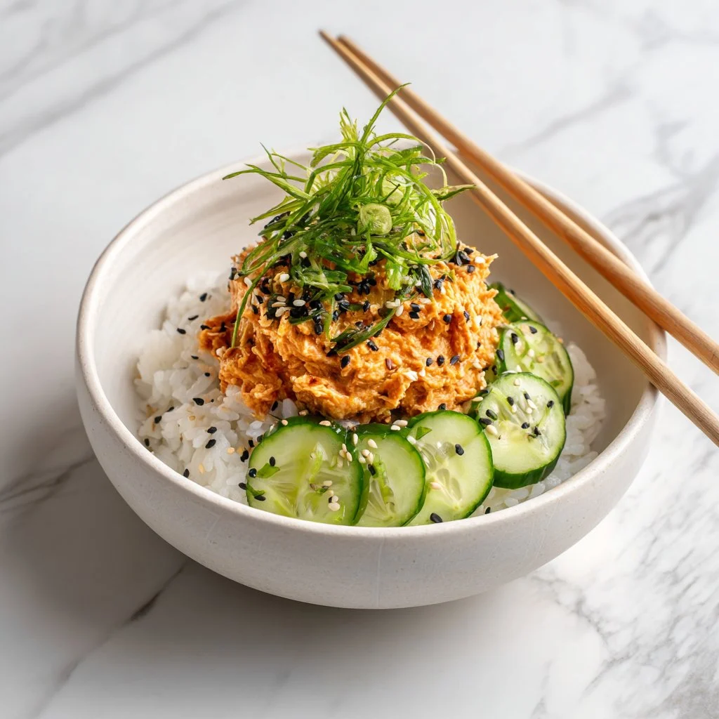 Healthy spicy tuna rice bowl topped with avocado and veggies