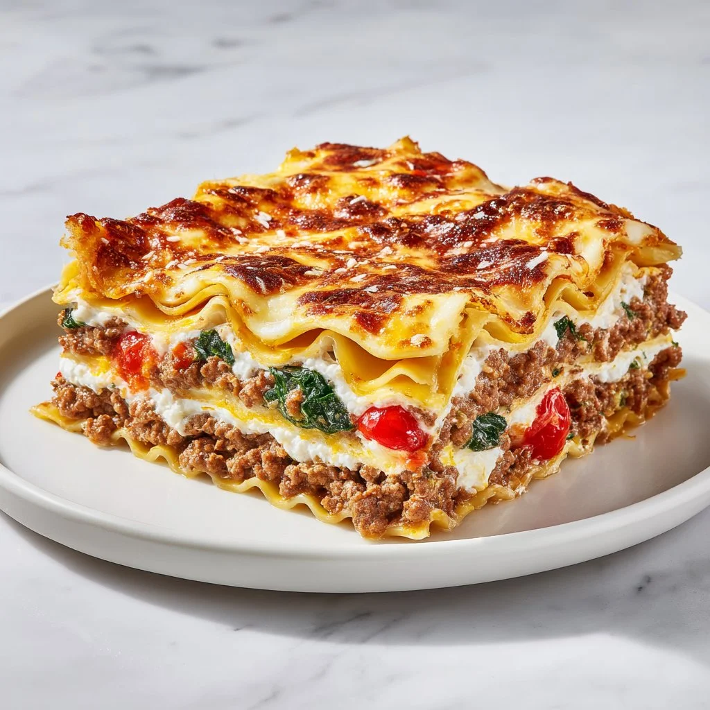 Hearty breakfast lasagna layered with eggs, cheese, and savory ingredients.