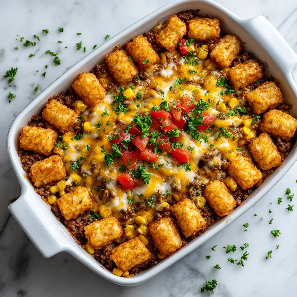 Hearty cowboy casserole with beef and potatoes in a baking dish