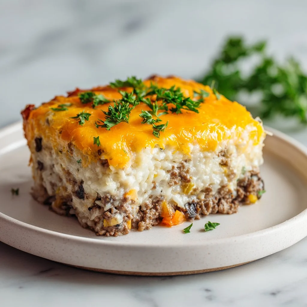 Delicious Hearty Dairyland Casserole topped with cheese and herbs