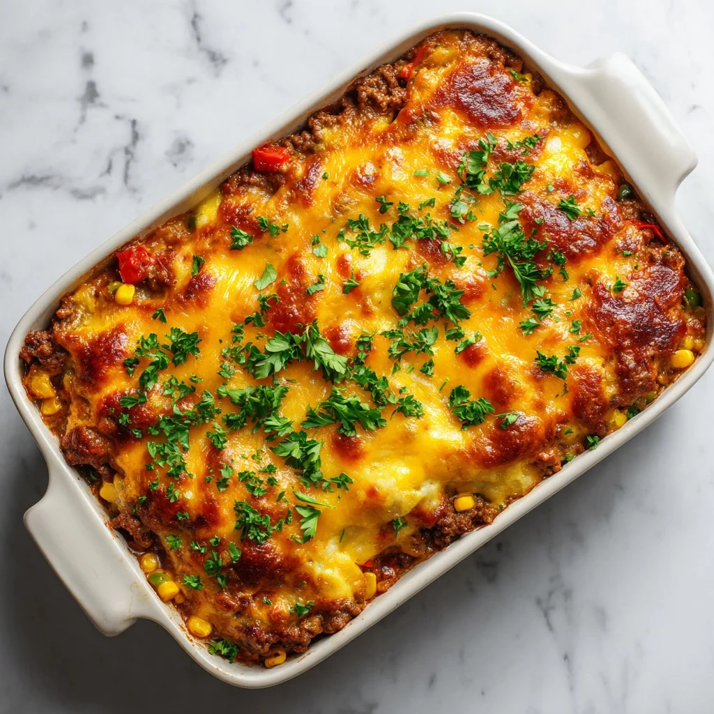 A hearty slow cooker cowboy casserole served in a bowl, perfect for family dinners.