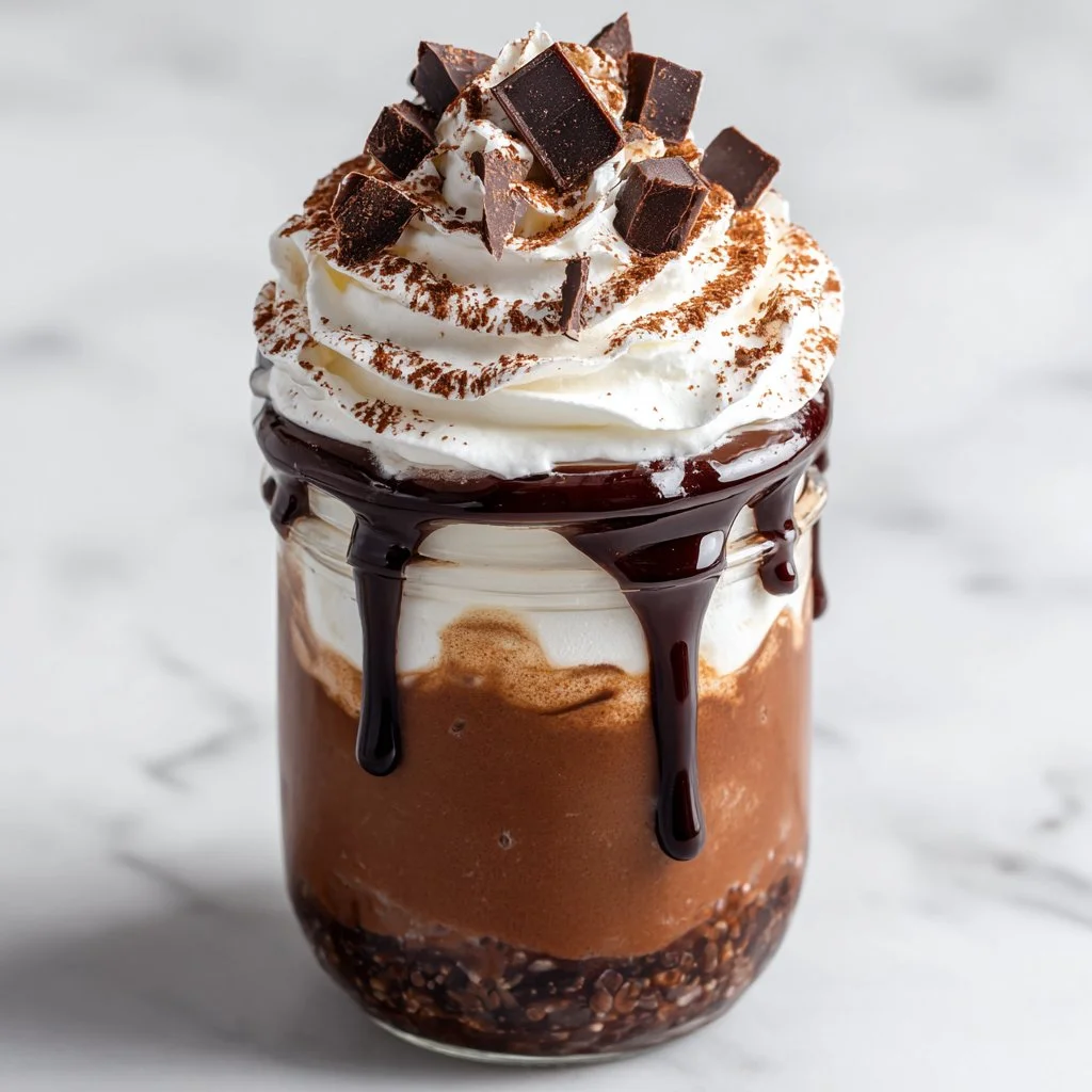 High protein brownie batter overnight oats in a jar, topped with chocolate chips