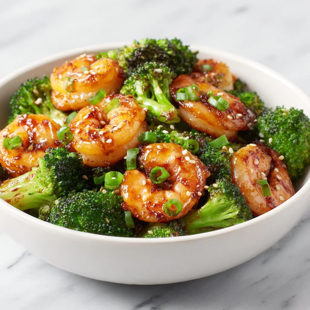 High protein honey garlic shrimp dish served on a plate with vegetables
