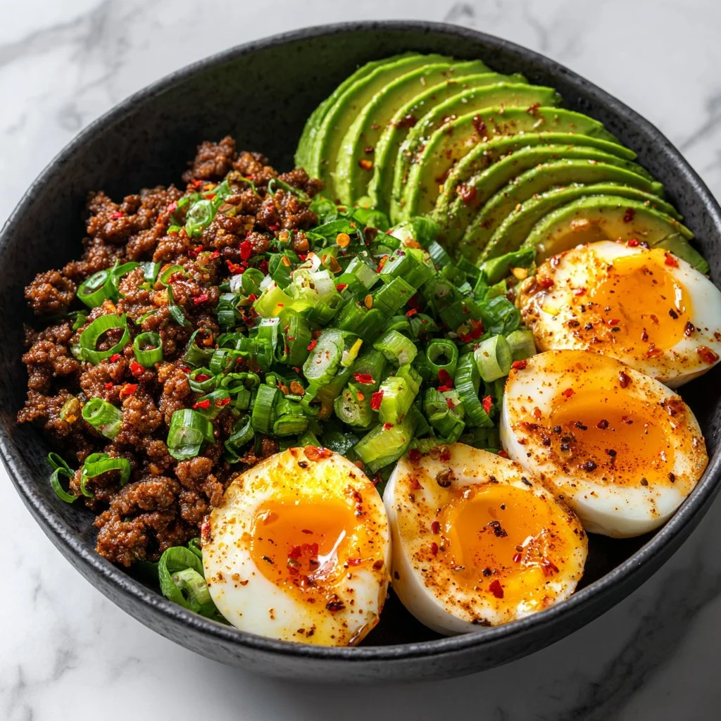 High protein low carb power bowl with fresh ingredients and vibrant colors
