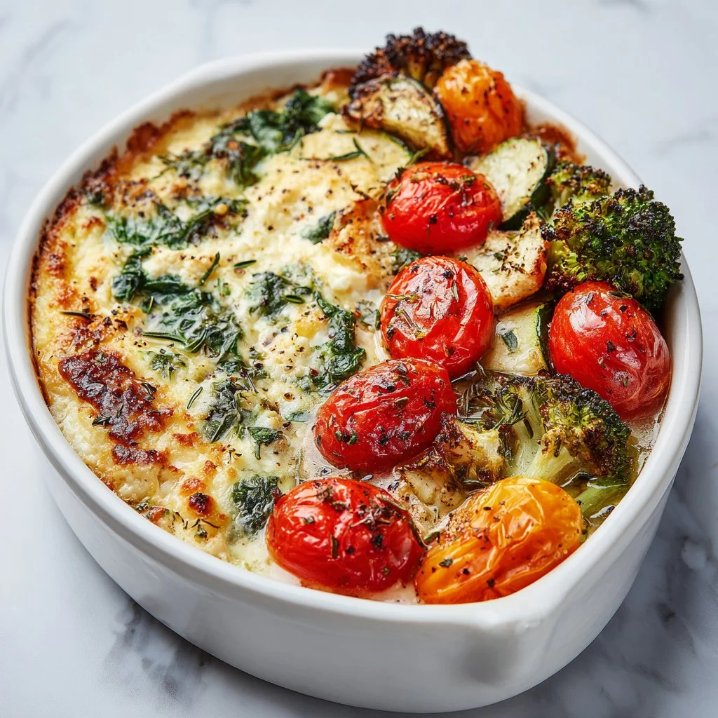 High-protein veggie bake with cottage cheese, colorful vegetables, healthy dish