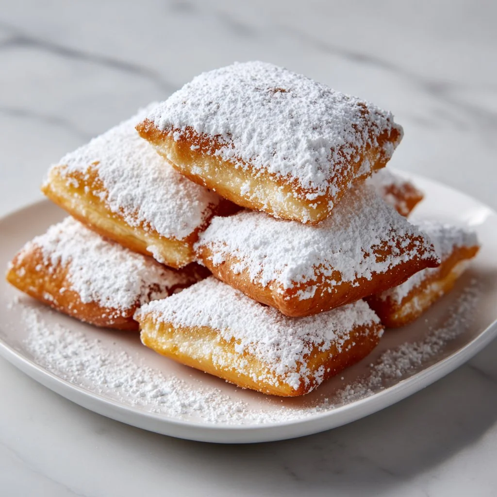 Delicious homemade vanilla French beignets dusted with powdered sugar